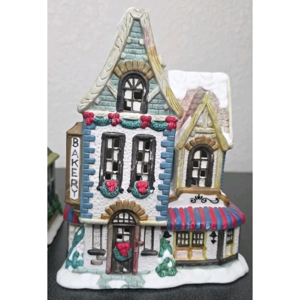 2pc CHRISTMAS VILLAGE PORCELAIN SNOW CHURCH Bakery HOUSE Decor Holiday Town